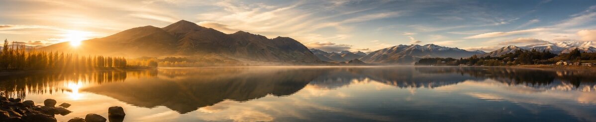 Lake Wānaka at sunrise, mist over the water and the Southern Alps beyond