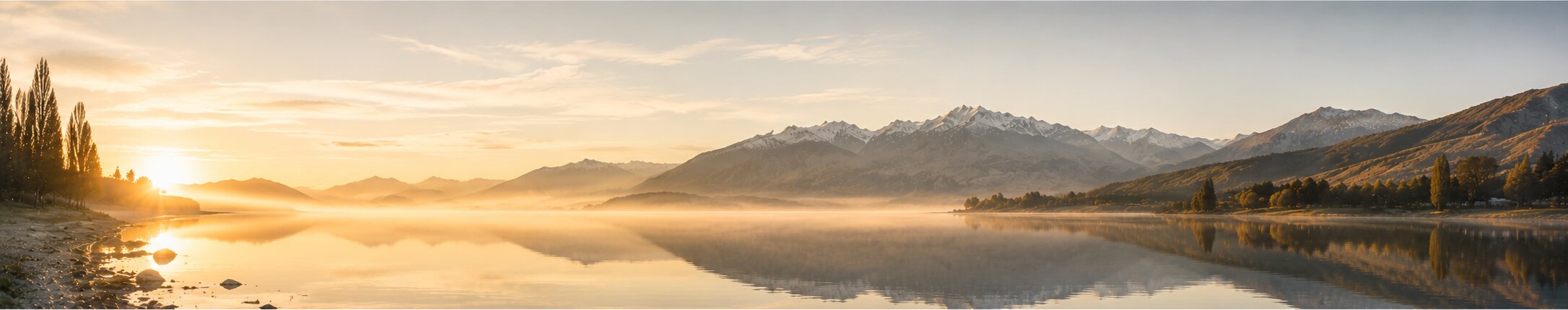 Lake Wānaka at sunrise, mist over the water and the Southern Alps beyond